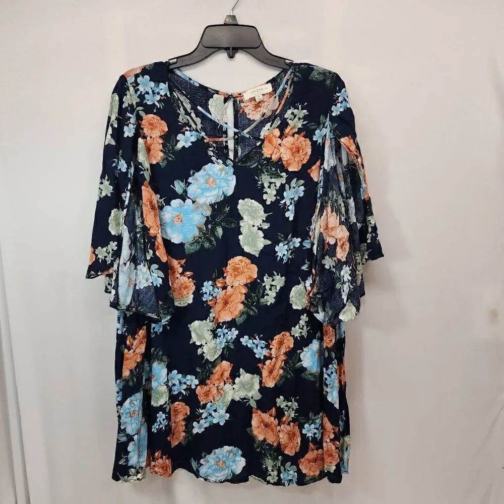 Umgee Size XL Oversized Floral Flutter Sleeves Tunic Shirt I15